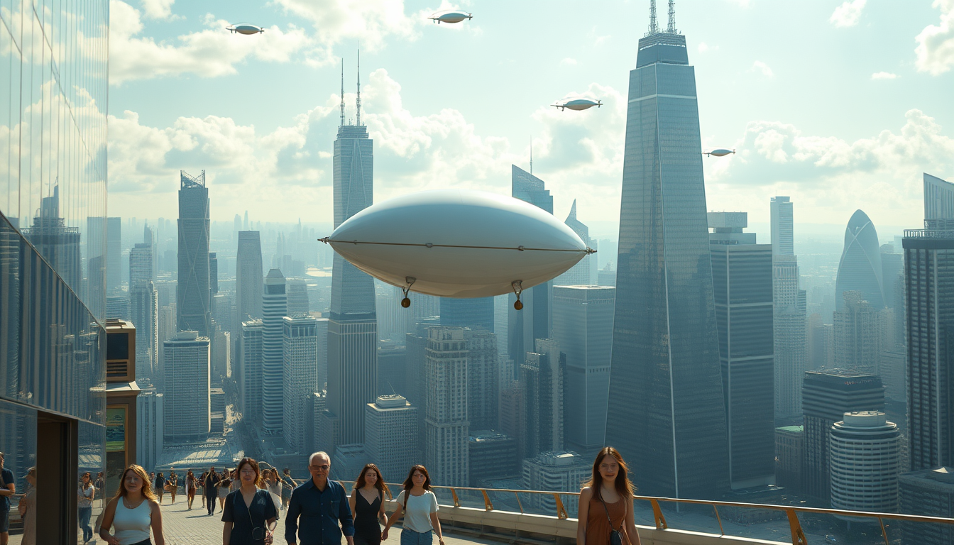 Create a stunning high-resolution image of the city of the future. The skyline should be filled with towering skyscrapers. Includes a light colored oval balloon-type robot flying rapidly through the air with tiny black balancers on either side of the balloon. There are some people walking on the street, Asian faces, wearing fashionable and avant-garde clothes, laid back and pleasant atmosphere. The visual focus of the image highlights small balloon-type robots patrolling the air for safety, very beautiful clouds, and beautiful sunlight reflecting off the glass surfaces of buildings, creating an atmosphere of excitement and innovation. Very sharp and realistic details, 32K, overlooking the city. - Image