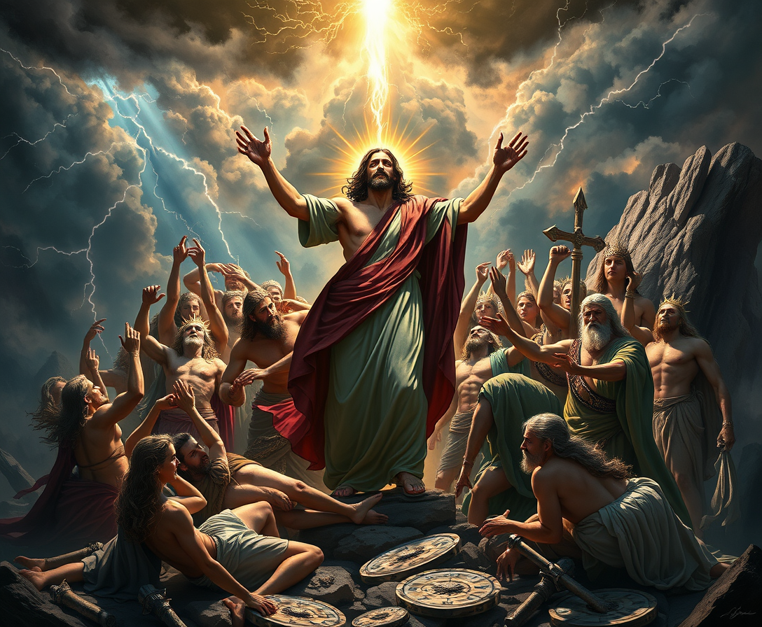 {
  "prompt": "Jesus punishing all the gods of Olympus",
  "style": "Epic and dramatic",
  "color_scheme": "Dark and ominous with flashes of divine light",
  "composition": "Jesus in the center, surrounded by the gods of Olympus in various states of defeat",
  "subjects": "Jesus, Zeus, Hera, Poseidon, Hades, Athena, Apollo, and other Olympian gods",
  "background": "A stormy sky with lightning, a mountainous Olympus backdrop partially in ruins",
  "lighting": "High contrast with divine light emanating from Jesus, casting shadows on the gods",
  "textures": "Thunderclouds, stone and marble of Olympus, flowing robes, and battle scars",
  "mood": "Powerful, vengeful, and dramatic",
  "resolution": "1920x1080"
} - Image