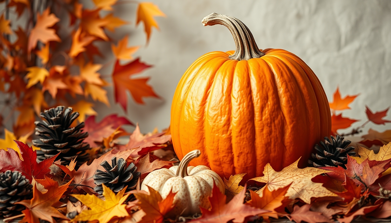 Autumn composition with big orange pumpkin standing out in thanksgiving arrangement with colorful leaves and pine cones.