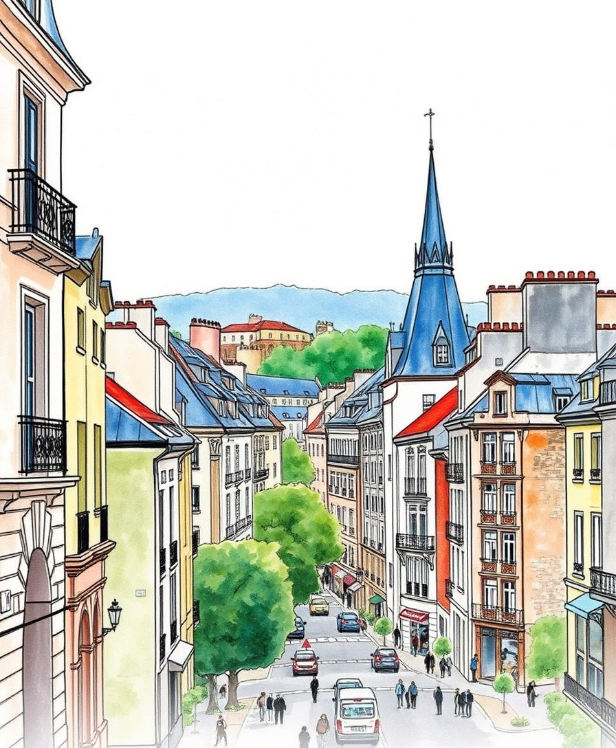 Tourist wallpapers depicting the sights of France, watercolor sketch, urban landscape.