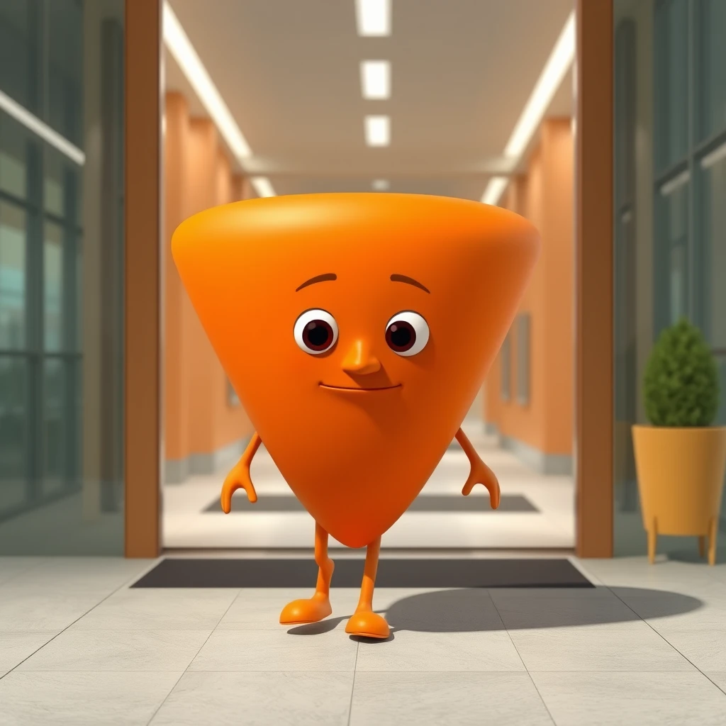 3D Pixar-style character with a smooth, inverted triangle round body shape, colored in bright orange. The character has a broad upper body tapering to a narrow bottom, with eyes, nose, and mouth all within the inverted triangle body. The character is walking into an office building. The character’s body is an inverted triangle shape, wide at the top and narrowing towards the bottom.