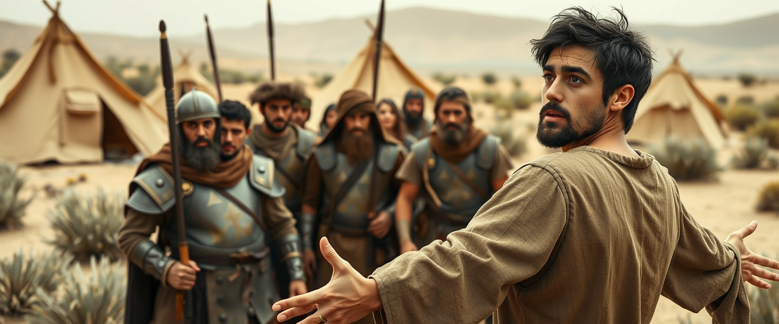 Create a scene of two men facing one another. The man on the right is a young Jewish man in his mid-20s, dressed as a simple shepherd, posed dramatically with his arms stretched out to the sides like an orator. He has dark, messy, unkempt hair and a beard, looks shocked, and gazes off-camera toward the left. The man on the left is a slim Jewish man in his mid-30s with messy hair and a Jewish beard, wearing only a simple biblical-era Israelite armor. A group of four ancient biblical-era Israelite soldiers crowds around the man on the left. In the background, there are Arabic army tents pitched on desert shrub land. The overall mood of the image is one of anxiety and concern. Realistic eyes and hands. - Image