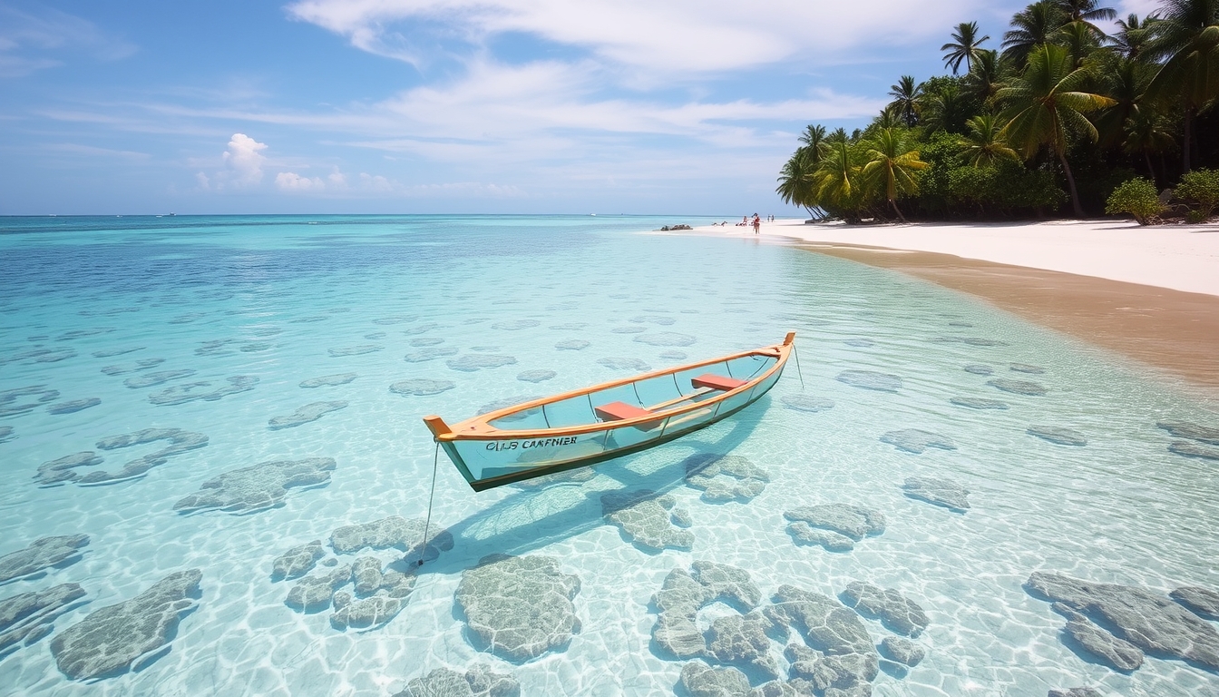 A tranquil beach with a glass-bottomed boat floating over a coral reef. - Image