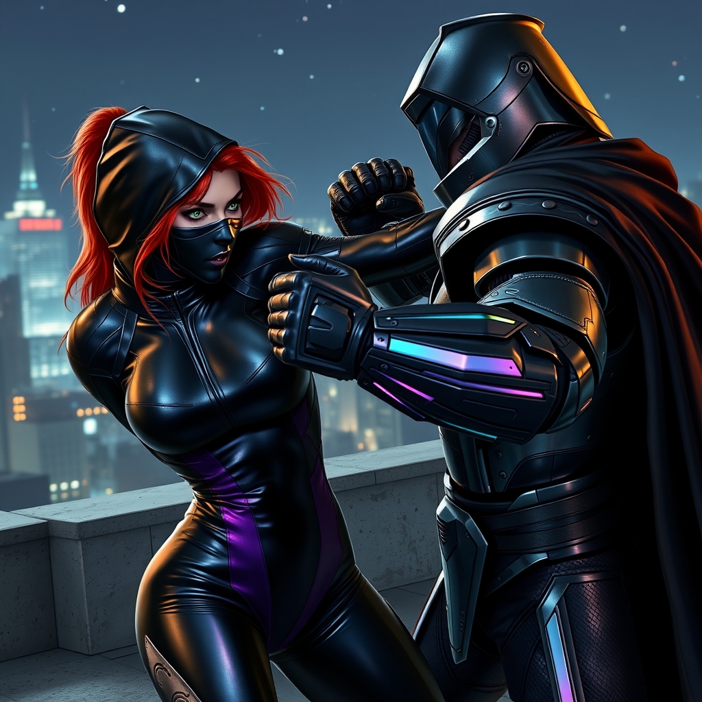 female redhead with green eyes and black metallic mask that covers her face, metallic black and purple futuristic spandex is throwing a punch to a tall man in heavy metallic armor with black hood and cape on a futuristic nighttime rooftop, in a dynamic and realistic manner. - Image