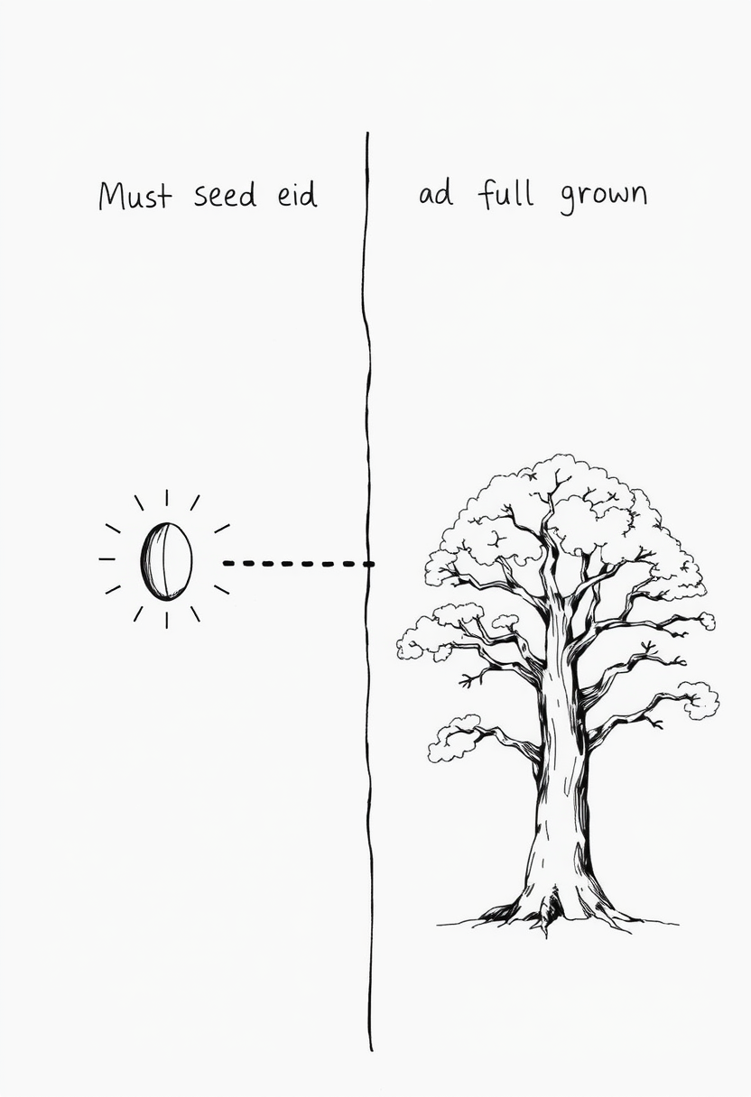 Black and white sketch comparing a mustard seed to a full-grown tree: On one side, draw a tiny seed with magnification lines around it. On the other side, a large tree with spreading branches. Add a dotted arrow between them to show growth.