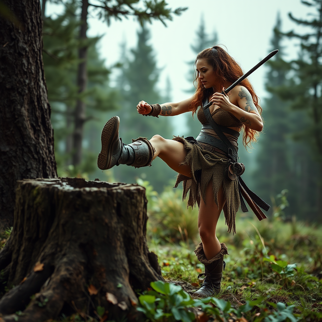 Real-life photography: In the forest, there is a female barbarian kicking a tree stump.