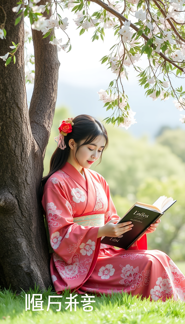 A Japanese beauty is reading a book under a tree. - Image