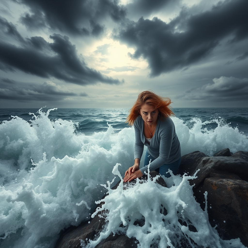 A troubled woman stands on a rocky shore as the relentless ocean waves crash around her, their frothy white crests reaching out like desperate hands. The sky above is a swirl of stormy grays, with the sun struggling to break through the clouds. The woman's hair whips around her face as she clings to the rock, her eyes filled with a mixture of fear and determination. The waves, powerful and unyielding, seem to mirror her inner turmoil, yet there is a sense of hope in the air, as if the sun's rays are trying to pierce through the darkness and bring her peace. - Image