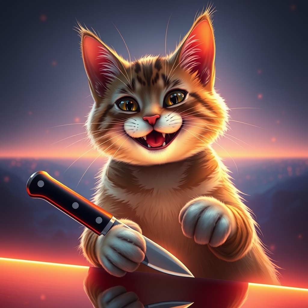 "I want a snack," action-packed grin smile cat with knife in hand, reflecting in glowneon edge, glowing, sparks horizon, detailed mirroring horizon reflecting polychromic space, straight lines, winning award digital art, high detailed.