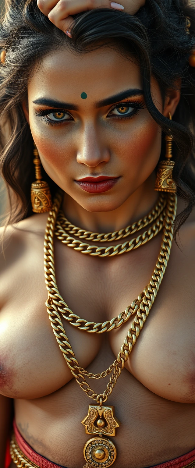 Close-up view of a godly, highly muscular, big, tall, strictly white-skinned Indian woman wearing gold chains around her waist and neck. - Image