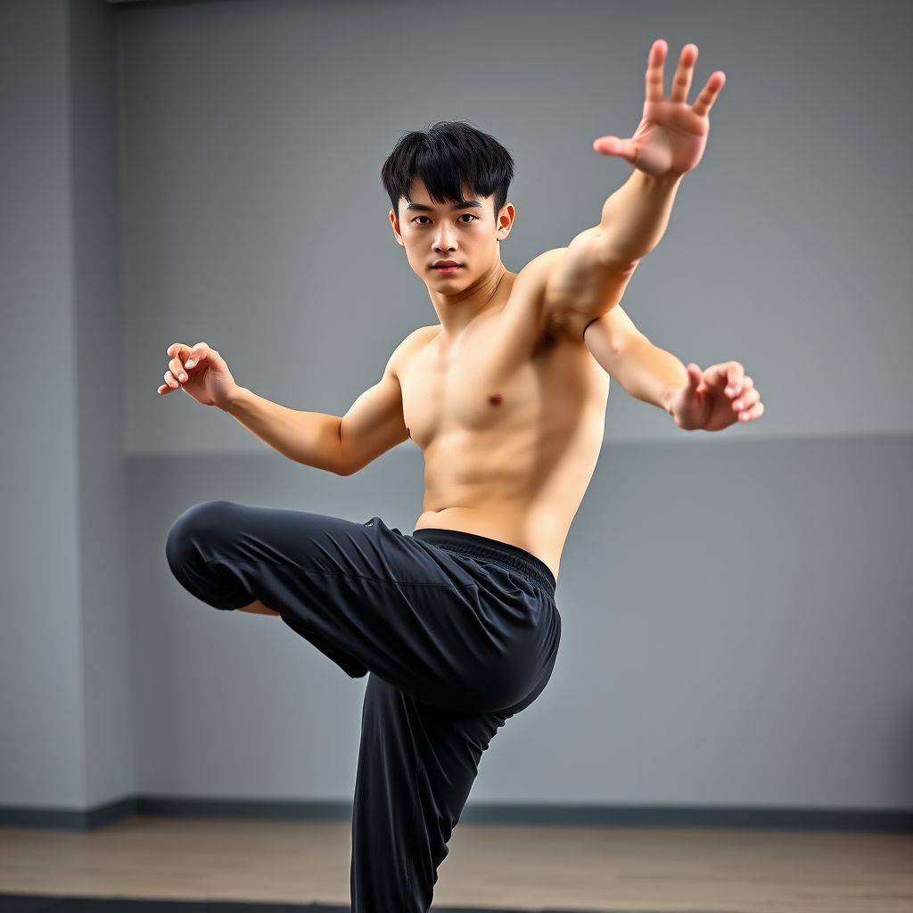 A full-body shot of a 19-year-old Japanese PT trainer with short, straight black hair, fair skin, and a sharp, youthful face. He is executing a precise high kick, with one leg raised high in the air, displaying his lean and toned physique. His athleticism and balance are evident, with muscles engaged. His hands, each with five fingers, are positioned naturally by his sides. He’s wearing a modern, tech-inspired workout outfit, and the background shows a sleek, minimalist indoor training space.