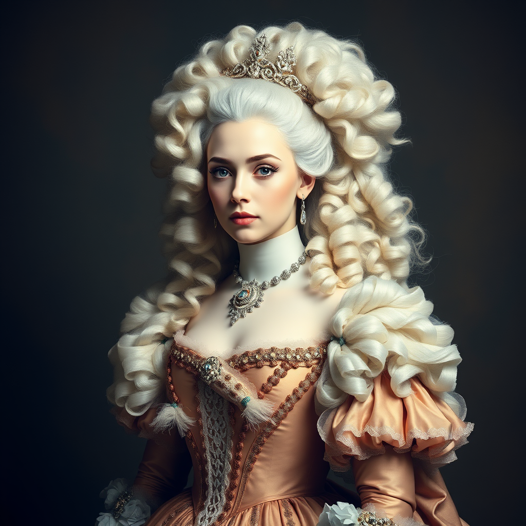 Rococo Daenerys as Marie Antoinette, elaborate gown, huge rococo hair, head and shoulders portrait.