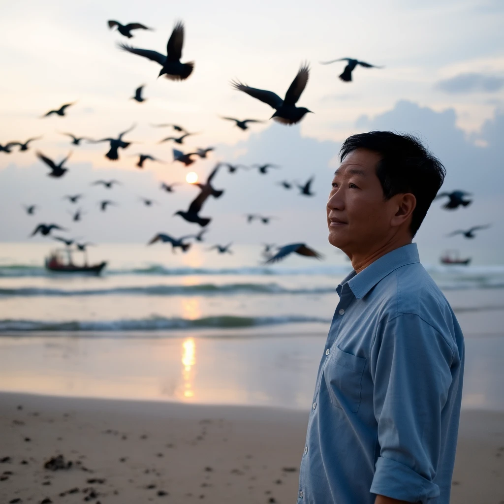 At the beach in Sri Lanka, in the evening, a Chinese man in his 30s stood on the beach, looking into the distance, a flock of crows flew over his head, and there were a few fishing boats on the sea. I want a picture with a size of 1920*1080.