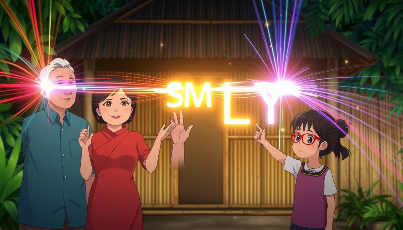 Anime style of Three generations of a Vietnamese family - grandparents, parents, and children - stand side by side, gazing at an unseen screen. They're positioned in front of a simple bamboo hut, surrounded by lush greenery. As they reach forward, streams of colorful light emerge from their fingertips, intertwining to create a vibrant "SM LYT" in the air. The light show reflects in their eyes, symbolizing shared hopes and dreams across generations. - Image