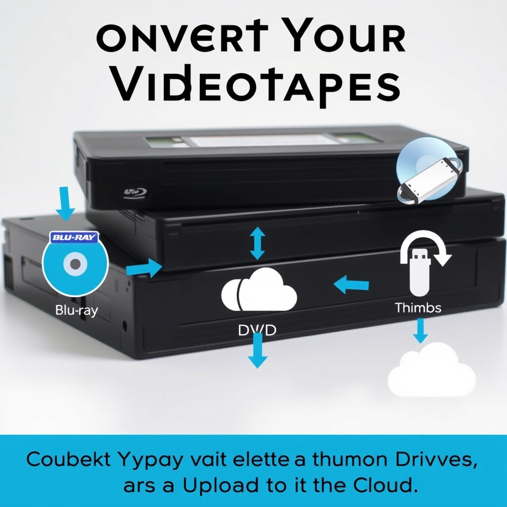 "[Modern, clean] stock photo graphic of a [stack of VHS tapes], [with arrows pointing to various conversion options], [featuring icons of a Blu-ray disc, DVD disc, thumb drive, and a cloud upload symbol], [set against a neutral, professional background], [with clear, high-resolution images of each conversion option], [using a bold, sans-serif font for the text], [including the text 'Convert Your Videotapes to Blu-ray, DVD, Digital Files on a Thumb Drive, or Upload to the Cloud'], [with a sleek, informative design that highlights the versatility of the service]."