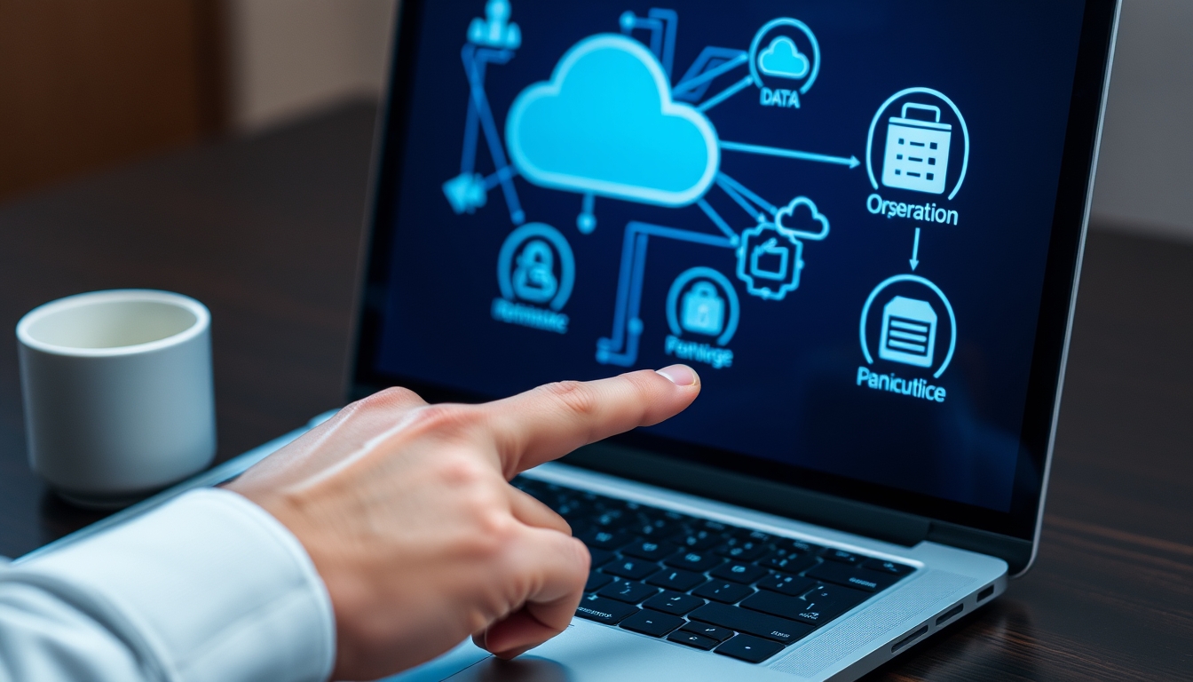 Secure Business Cloud Solutions Concept - Hand Pointing at Data Interface on Laptop Screen with Cloud Icons for Online Storage - Image