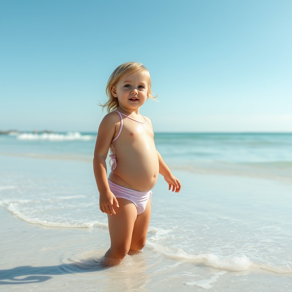 cute little girl on the beach in clear plastic swimsuit and underwear