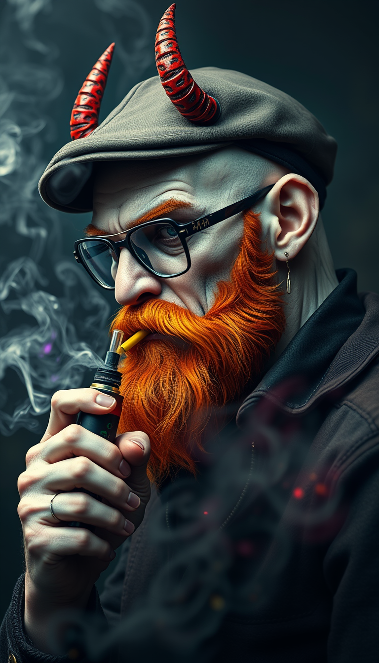 Three-quarter view of a sinister, bald human male with necromancer lich features. Demonic horns and a short fiery ginger beard that contrasts with dark eyebrows. He wears a weathered flat cap and aviator glasses. Clutching a sleek vape mod, he exhales dense, swirling vapor clouds. Vibrant e-liquid drips off his pale skin, creating a colorful aura. - Image