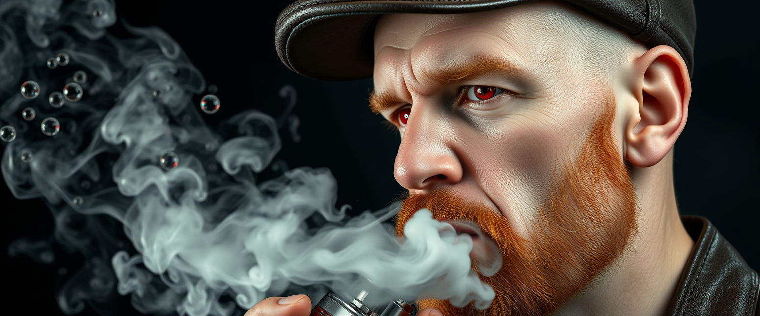 Hyper-realistic three-quarter portrait of a demonized white male, bald with meticulously detailed ginger stubble, donning a worn leather flatcap. Piercing red eyes gleam as he exhales dense, swirling vapor clouds from an intricately designed chrome vapemod. Iridescent e-liquid droplets suspended mid-air. - Image