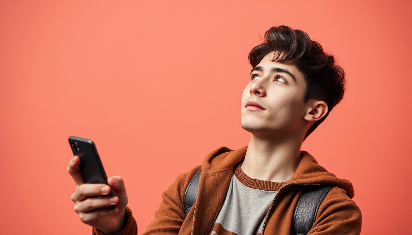 Photo portrait of a pretty young male holding a gadget, looking into empty space, wearing a trendy brown outfit, isolated against a colored background, 8k UHD, high detail. - Image