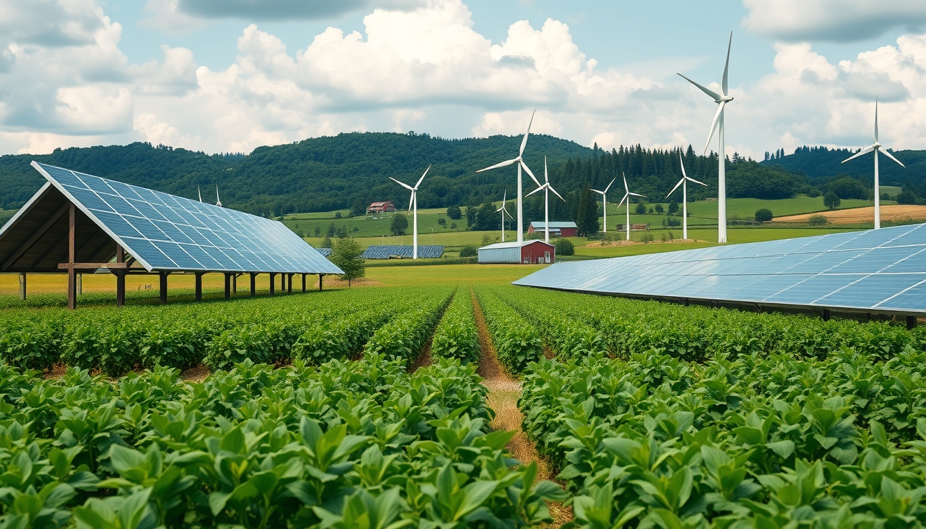 A wide-angle shot of a modern, eco-friendly farm with solar panels, wind turbines, and organic crops in the foreground. - Image