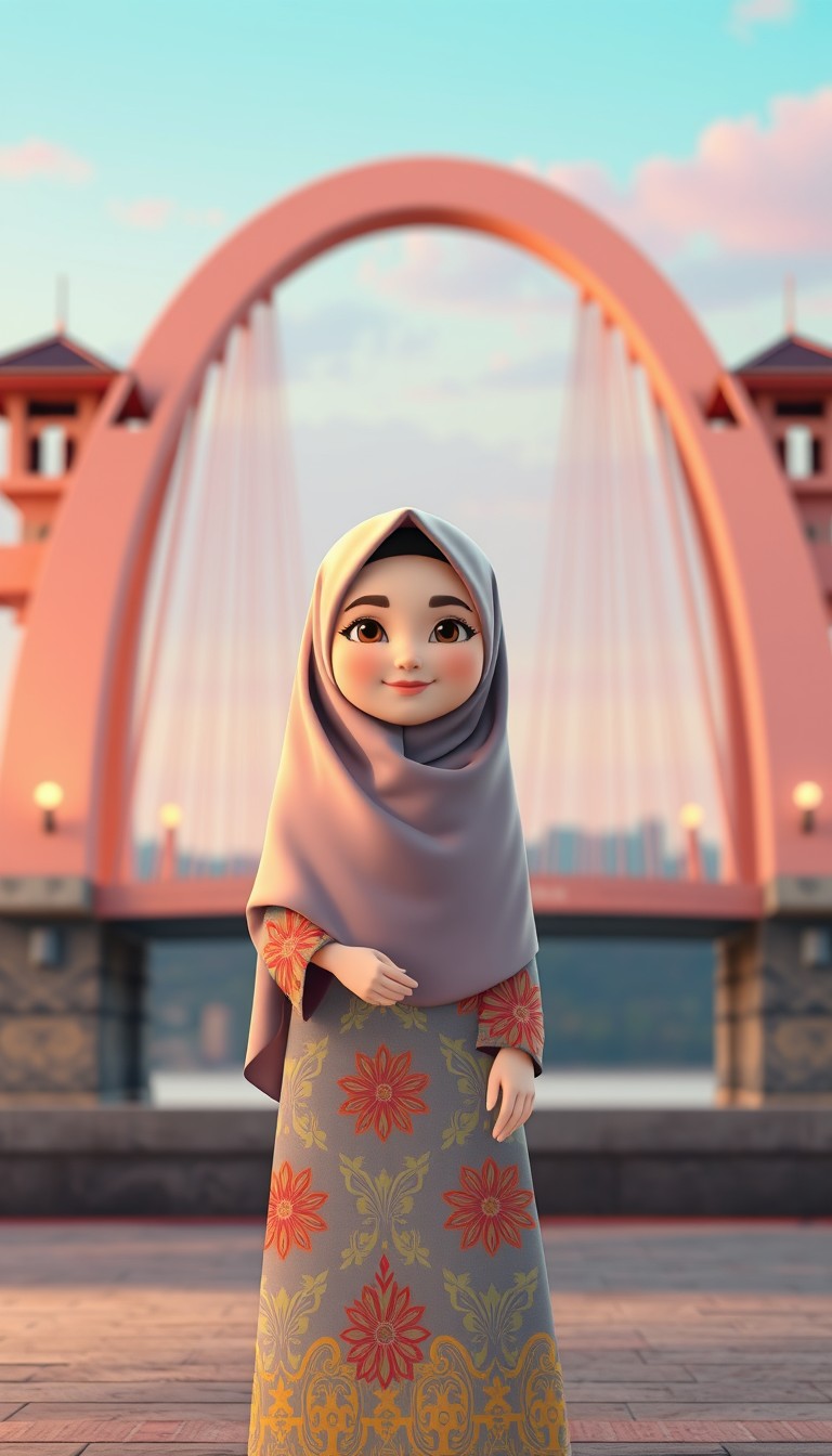 A 3D cartoon animation of a Muslim woman from Palembang, Indonesia, wearing a traditional long songket dress. She stands gracefully in front of the iconic Ampera Bridge, which arches beautifully in the background. The scene is rendered in stunning 8k resolution, capturing the vibrant colors and intricate details of the songket fabric. The woman's expression is serene and peaceful, with a gentle smile. The overall atmosphere is warm and welcoming, showcasing the cultural beauty and elegance of Palembang.