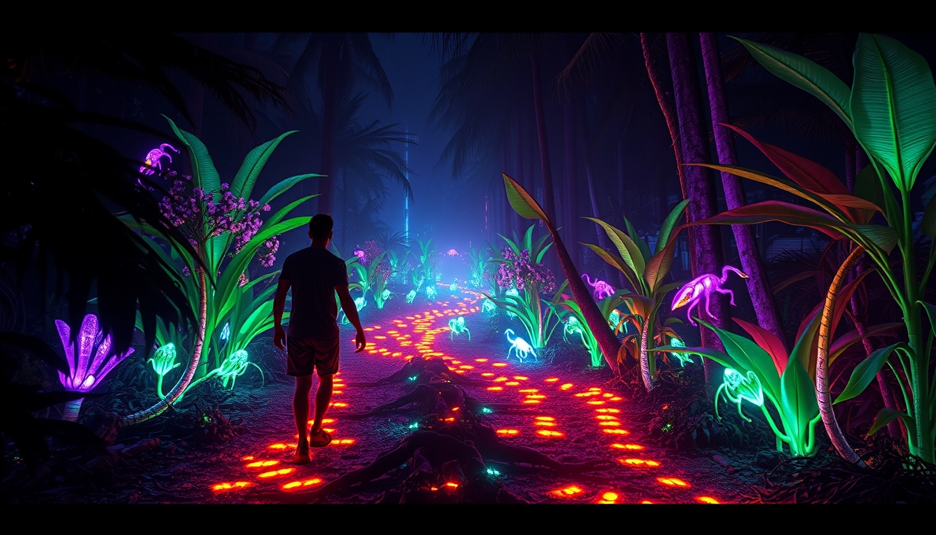 This then transitions to them walking through a pathway of bioluminescent plants and creatures, lighting up with every step. The glowing colors create a dreamlike atmosphere, where reality and fantasy intertwine. Surreal and vivid, combining the raw, untamed beauty of the Amazon Jungle with otherworldly psychedelic visuals and futuristic, neon-lit cyberpunk elements.