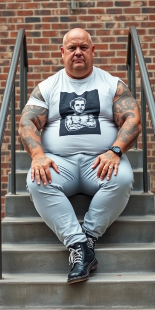 Prompt: a portrait-style photograph featuring an extremely huge 50-year-old muscular, beefy, stocky male skinhead sitting on a set of concrete stairs. He has a bald head, light skin, and is wearing a white t-shirt with a black and white graphic print of a person on it. His enormous muscular arms are heavily tattooed with intricate designs. He is also wearing tight bleached denim trousers that highlight his huge, muscular legs and black knee-high Dr. Martens boots with white laces. The background consists of a brick wall and metal handrails on either side of the stairs. The overall setting appears to be industrial.