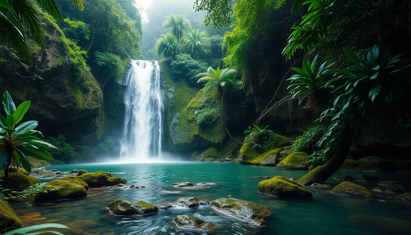 rfall, cascading, clear water, lush greenery, high quality, photorealistic, hidden oasis, serene, rainforest, breathtaking, secluded::0.8 moss-covered rocks, tropical plants, natural pools, jungle trails, mist,