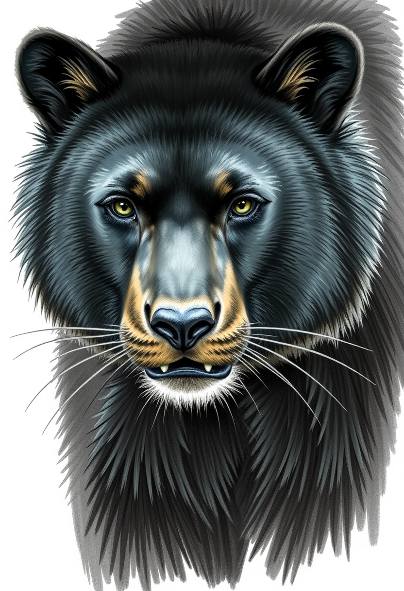 Realistic, quarter view, black bear cougar hybrid. Documentary sketch.