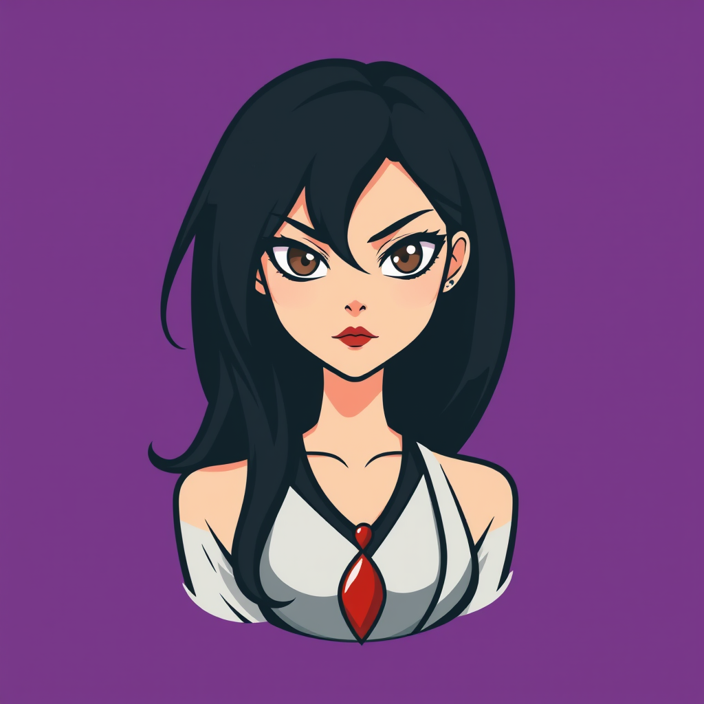 A basic simple vector logo of a beautiful female character with hazel brown eyes, long, dark black hair, wearing a black and white outfit with a red pendant necklace, and a serious face with red lipstick, on a purple background. - Image