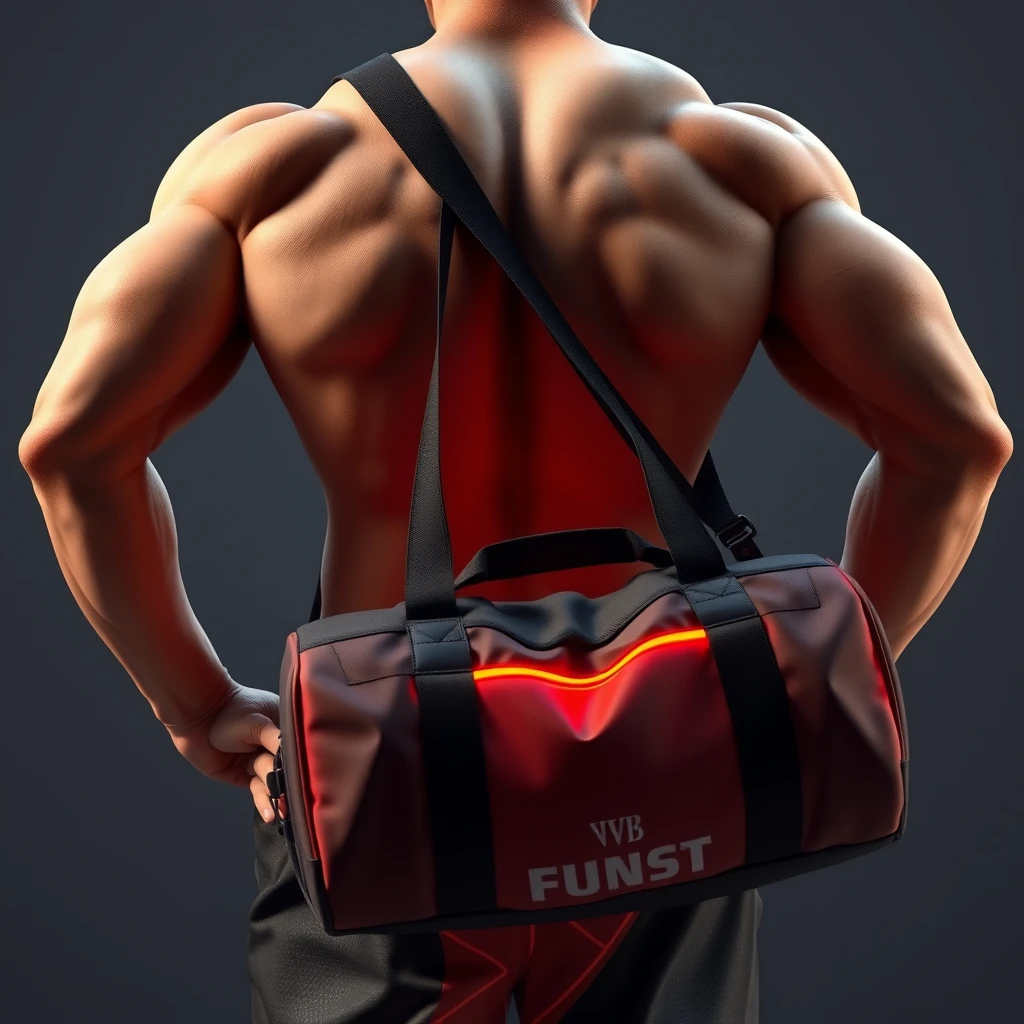 8k super high quality 3d image of a muscular man with a gym bag that is glowing