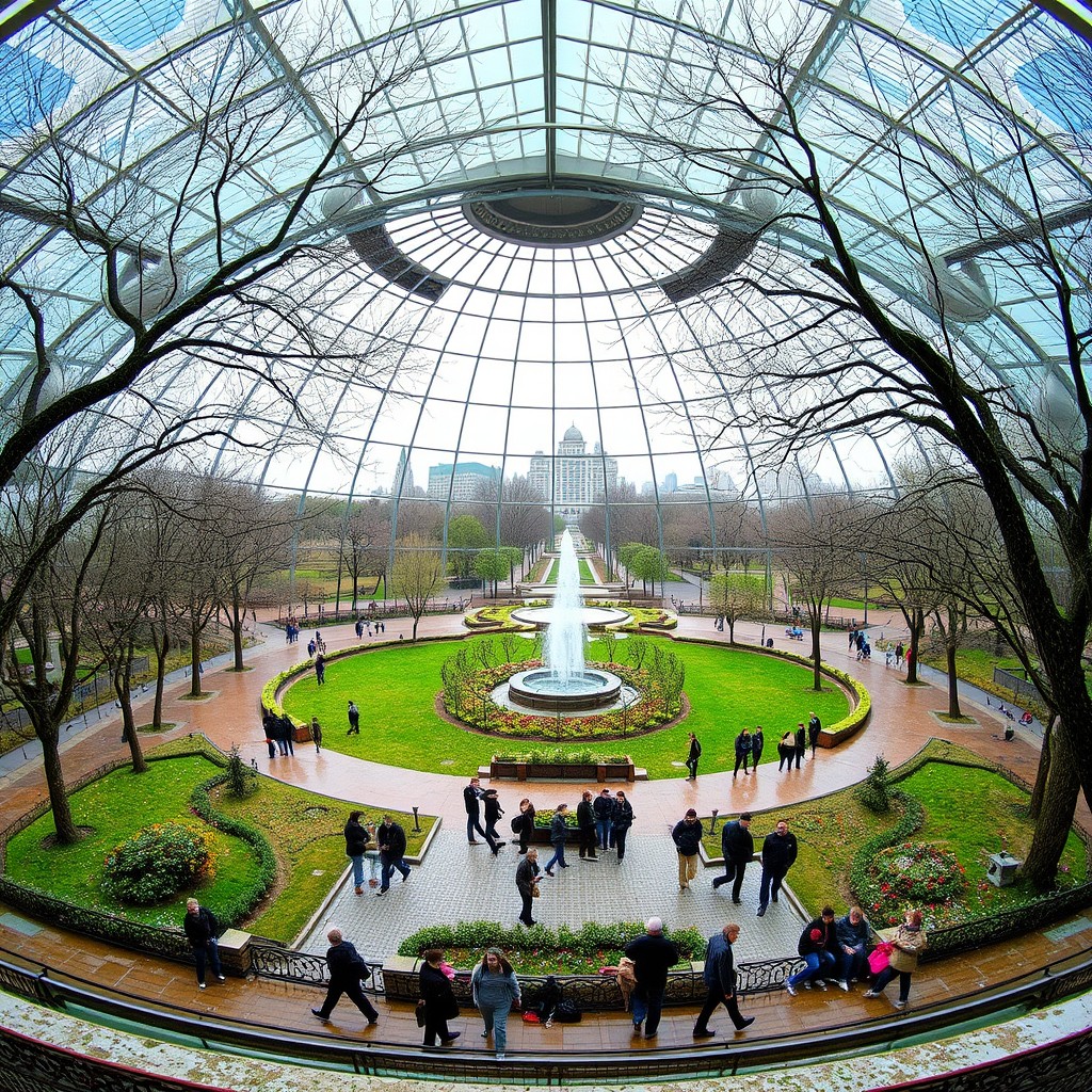 Park inside a dome shape, people peacefully walking and relaxing in the park in any weather, rain or snow, hot or cold, outside the dome, the composition of the photo is outside the dome and looking inside from a distance. Inside is always pleasant weather.