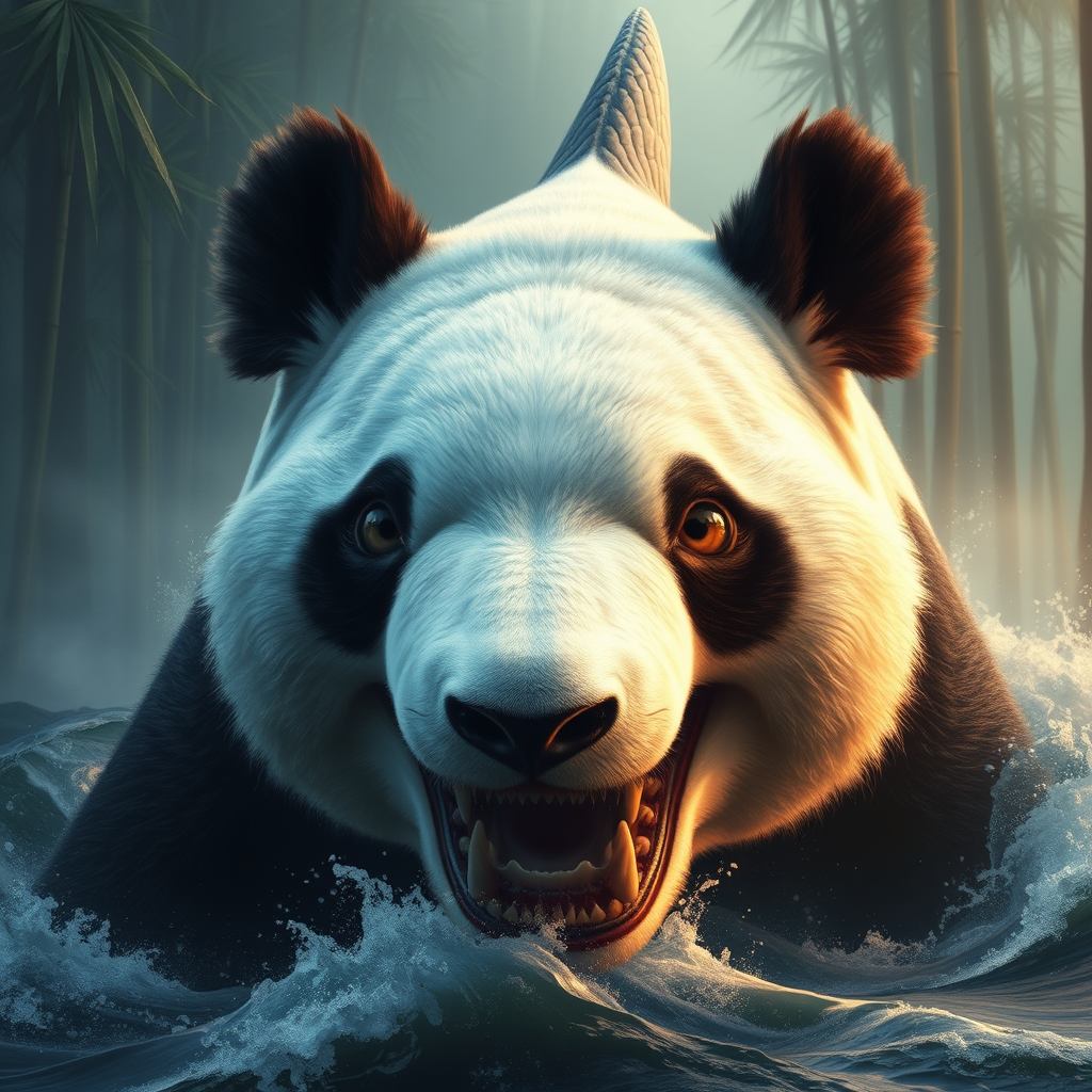 A mesmerizing hybrid creature, part great white shark, part giant panda, emerges from misty bamboo forests into turbulent ocean waters. Hyper-realistic details capture every scale and fur strand. Eyes blend primal hunger with gentle wisdom. Ancient Chinese mythology meets modern marine biology in this surreal, thought-provoking fusion.