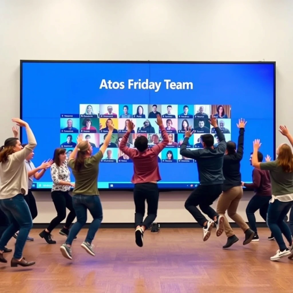 Lots of people dancing and jumping in front of a screen that takes up the whole wall. The screen shows a Microsoft Teams meeting with many people. The title on the screen says "Atos Friday Team". - Image