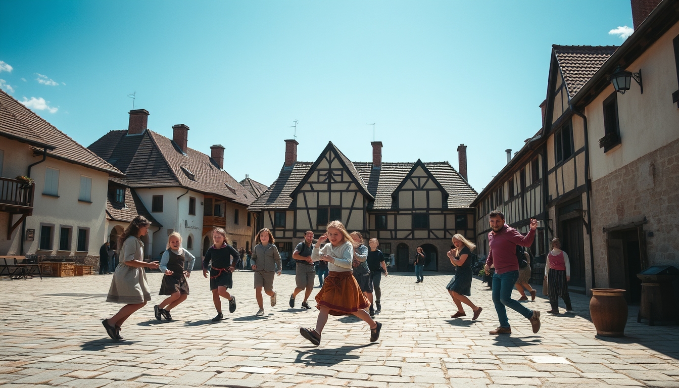 Medieval children frolic in the central square of the village, playing various traditional games.