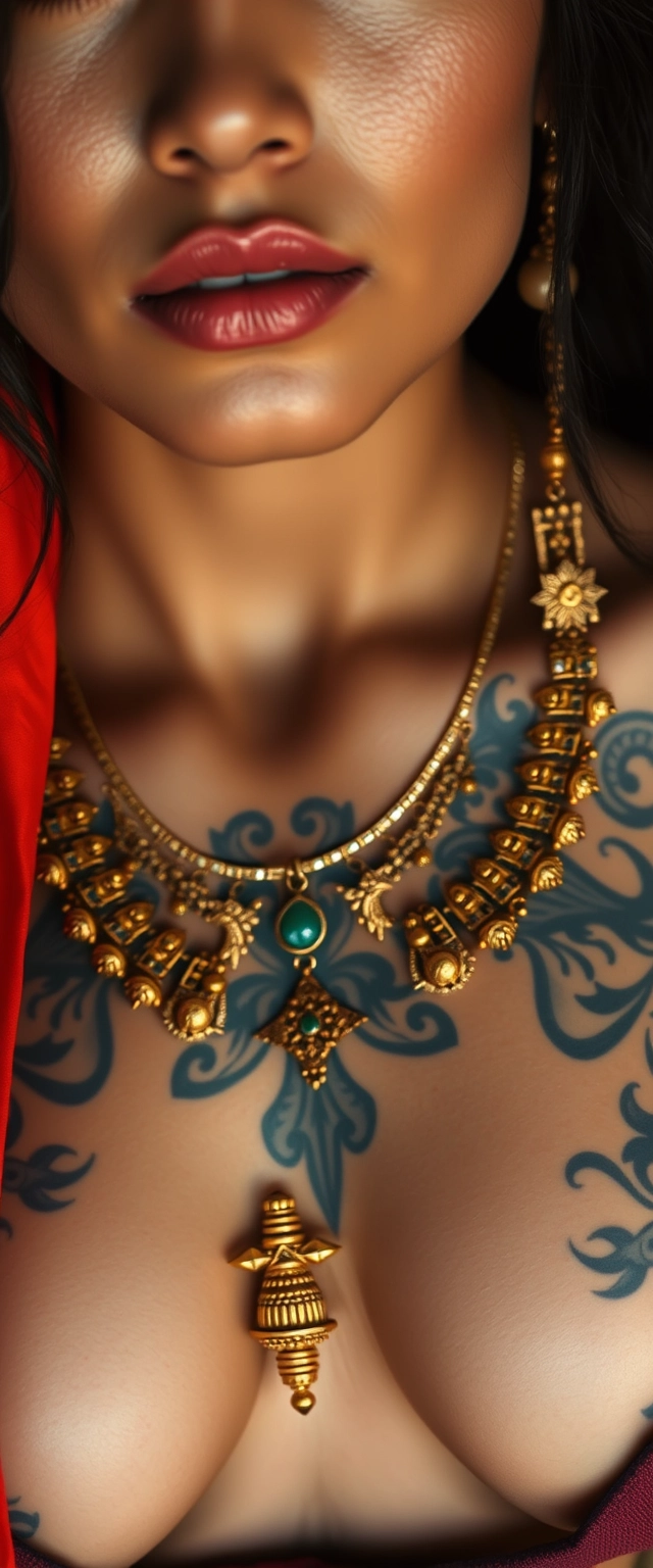 Close-up view of the tattooed chest of a fair-skinned Korean-Indian woman with beautiful facial features, blue eyes, wearing gold ornaments, looking at the camera.