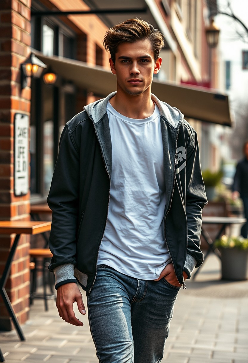 Christian Grey head and body shot, handsome young man with dark brown hair, serious face, wearing a white t-shirt, collage jacket, skinny jeans, sneakers, walking with a hot style, near a café, hyper-realistic, street photography, brick wall, full body photo, morning scenery.