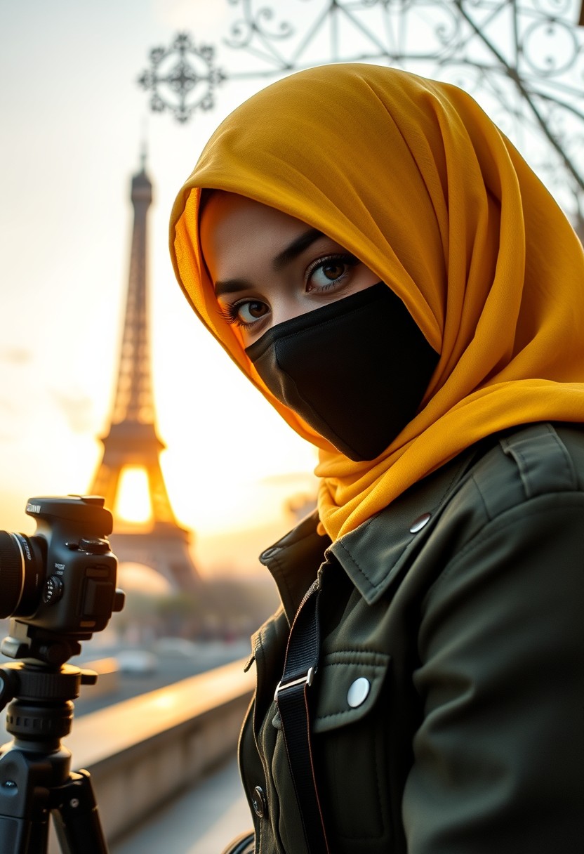 Biggest hijab yellow Muslim girl, beautiful eyes, face mask black, green army leather jacket pattern, biggest skirt, camera DSLR Canon, tripod, taking photos of Eiffel Tower, sunrise, morning scenery, hyper realistic, street photography.