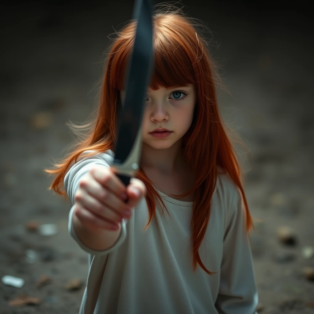 Red-haired girl holding a blurry knife in her hand, full body shot.