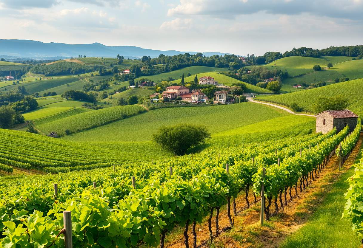 Verdant, rolling vineyards, grapevines, winemaking, high quality, photorealistic, rustic charm, scenic, harvest season, idyllic, countryside, panoramic, breathtaking::1.2 wine cellars, barrel aging, wine tasting, picturesque, countryside villas, grape harvest, winding roads - Image