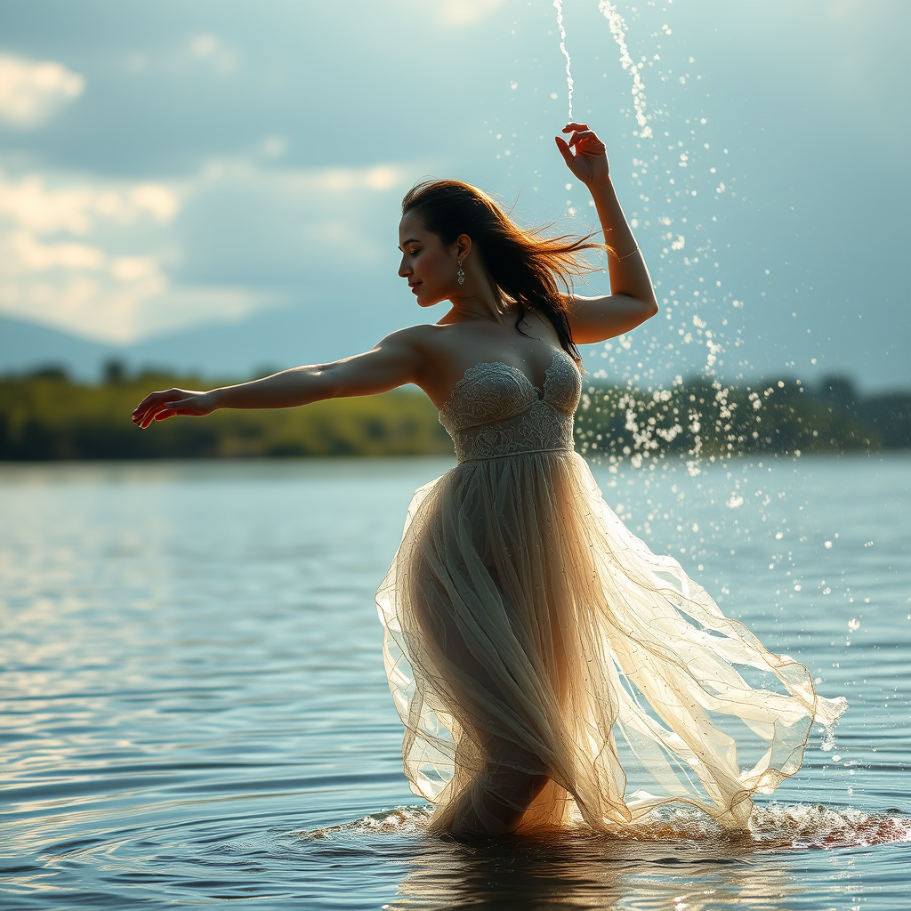 Riverside, dancing woman wearing a dress made of water, side view, full body view, strong light falls on her, water pours from the sky.