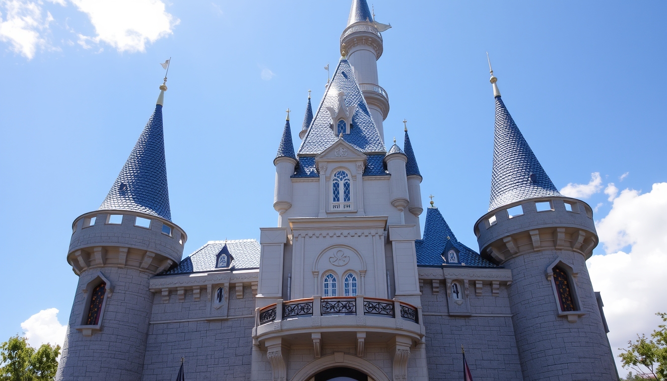 A whimsical fairy tale castle with glass turrets sparkling in the sunlight.