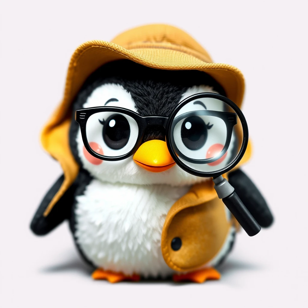 A cute little kawaii tsum tsum penguin with glasses and a suspicious expression, wearing detective clothes and a hat, looking through a magnifying glass. - Image