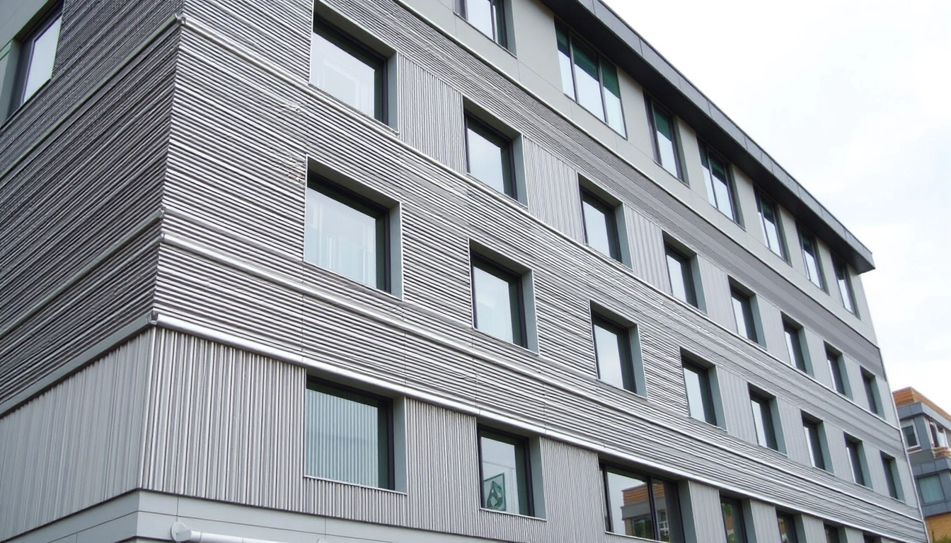 A complete building, a 5-story office building, featuring variations in volume, with the facade adorned with horizontal silver-gray metal strips, measuring 100mm x 400mm.