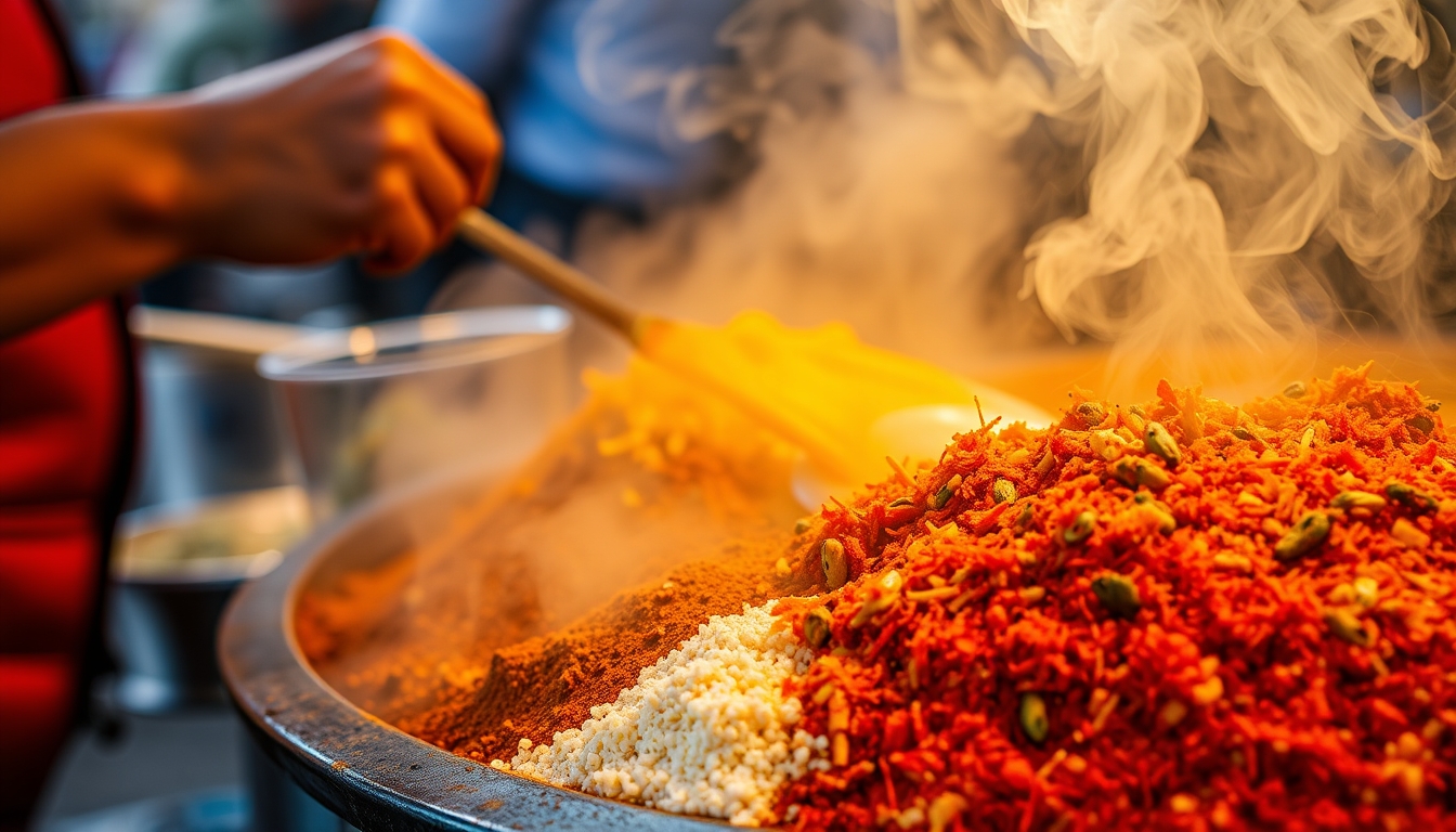 A close-up of a street vendor preparing a colorful and aromatic dish, with steam rising and vibrant spices on display.