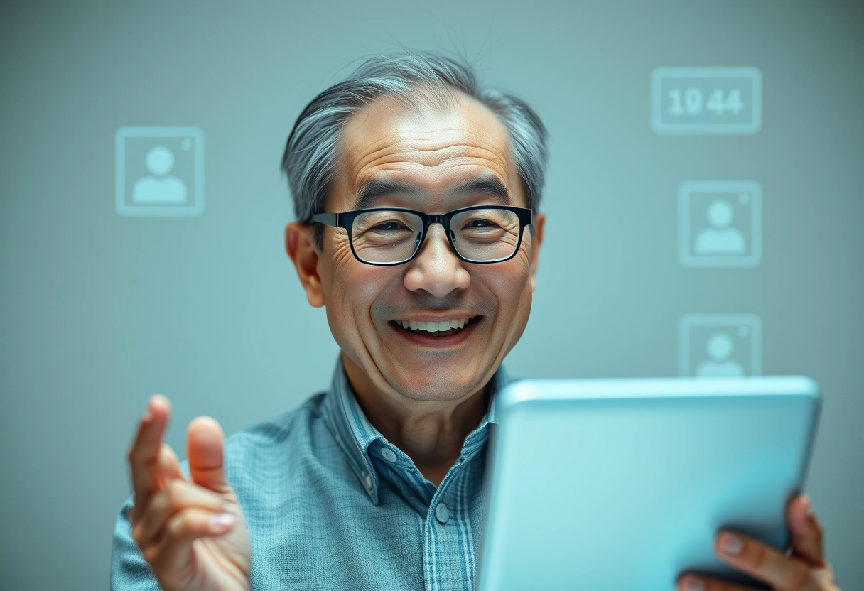 Korean senior man, smiling, using AI chatbot