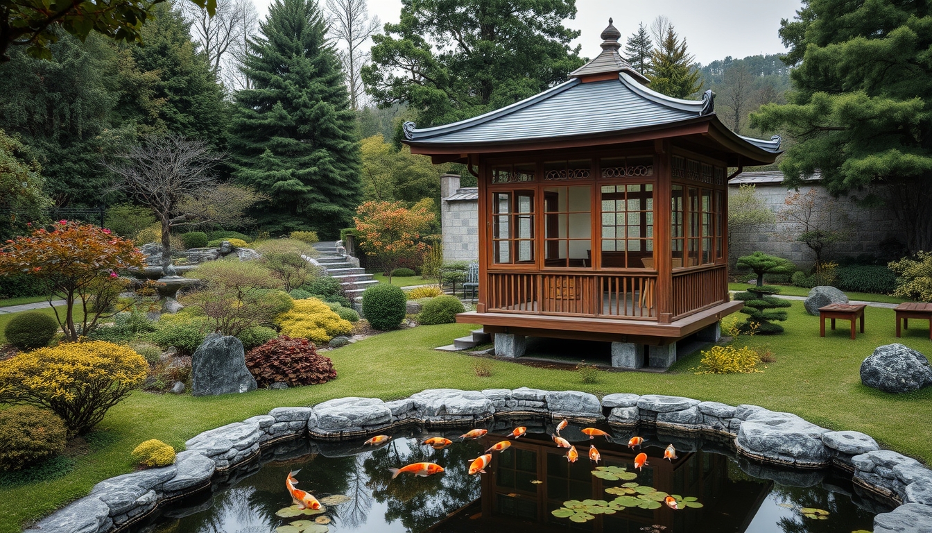 A serene Japanese garden with a glass teahouse overlooking a koi pond.