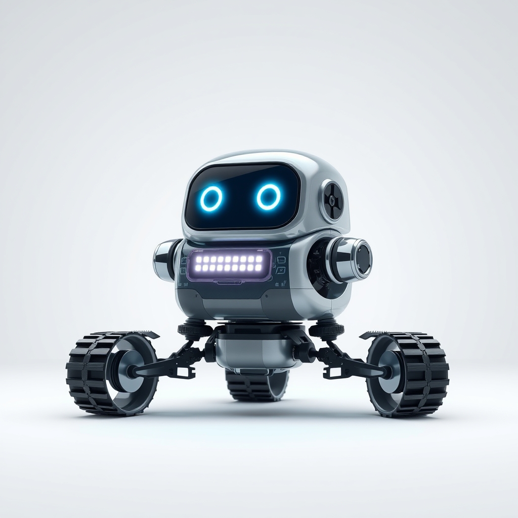 Cute aesthetic, a (small and cute semi-transparent triangular tracked robot) with an LED screen face, emoticon, stunning unreal engine render, intricate details, Simple Background.