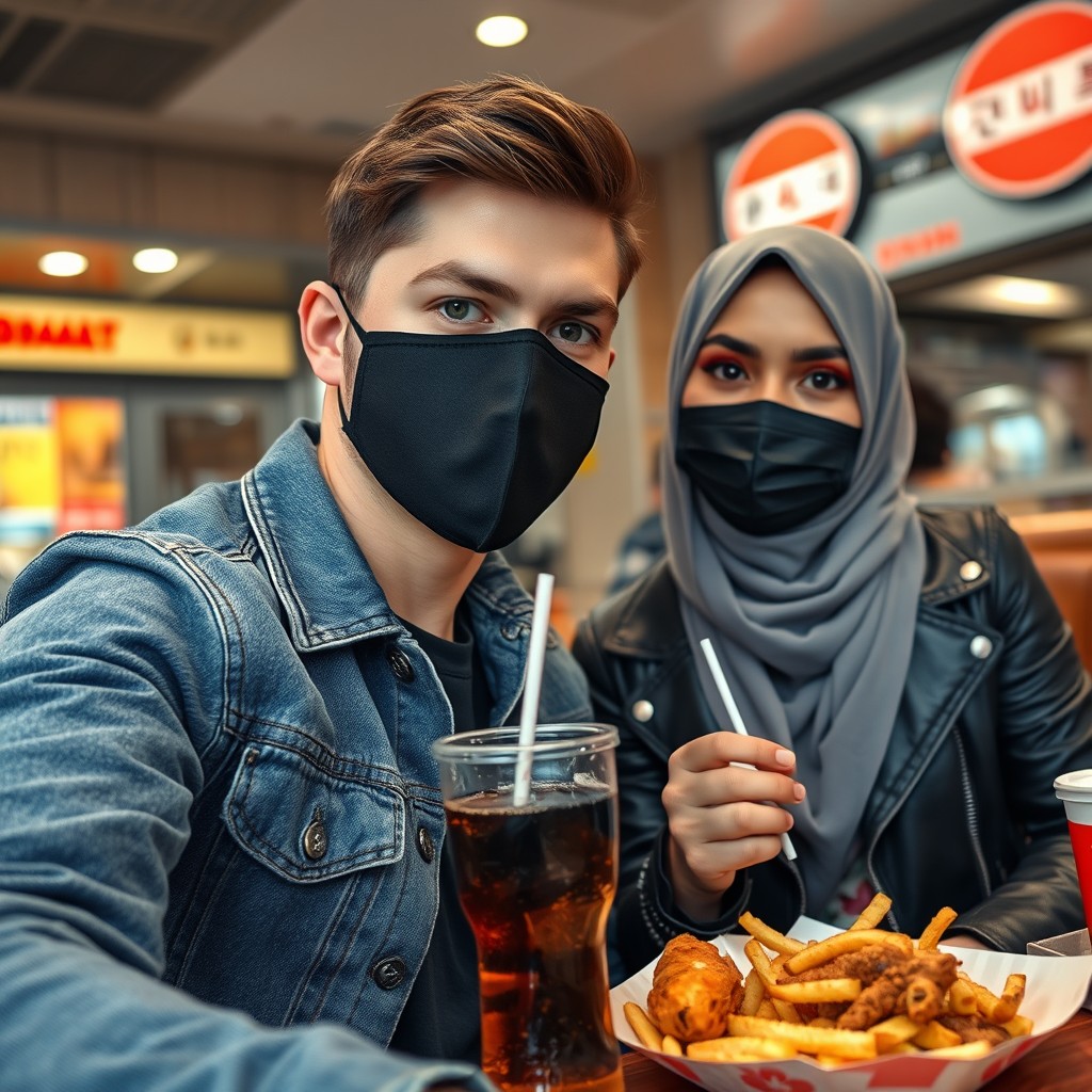 Jamie Dornan's head and body shot, handsome, young, black face mask, blue jeans jacket, jeans, dating love with a Muslim girl in a grey hijab, beautiful eyes, black face mask, black leather jacket, biggest floral skirt, at a fast food restaurant, plate of Korean fried chicken and fries, soft drink fizzy cola, photorealistic, hyper-realistic, street photography, selfie. - Image